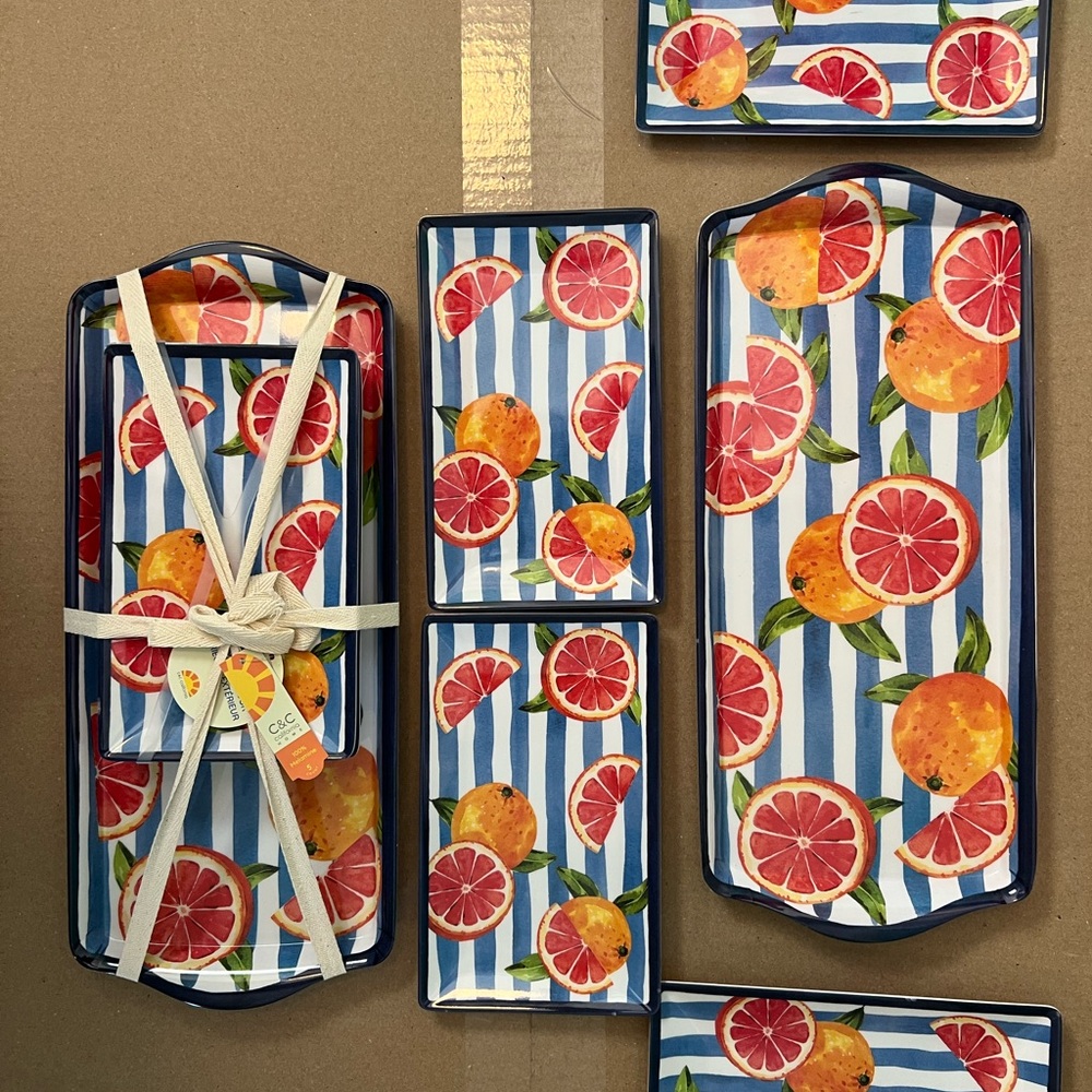 SET of 2 Melamine Trays & 8 plates! Navy & White Striped w/ Orange Slices Design